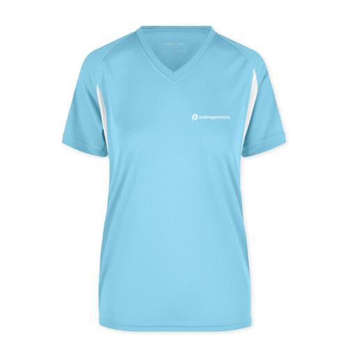 T-shirt fonctionnel bleu clair en polyester avec col en V et manches courtes.