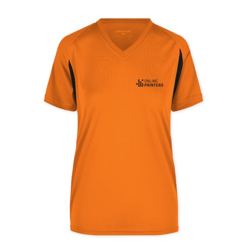 T-shirt de sport orange en polyester pour femmes avec col en V et manches courtes.