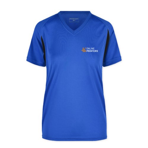 T-shirt de sport en polyester bleu roi pour femmes avec col en V.