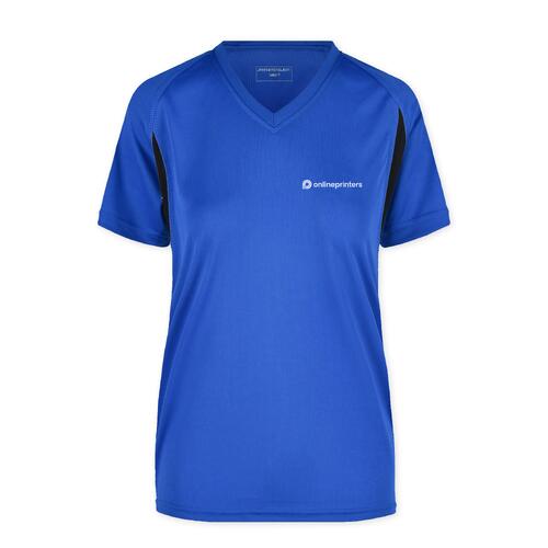T-shirt de sport en polyester bleu roi pour femmes avec col en V.