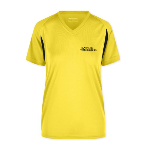T-shirt fonctionnel jaune en polyester avec col en V et manches courtes.