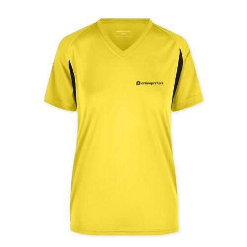 T-shirt fonctionnel jaune en polyester avec col en V et manches courtes.