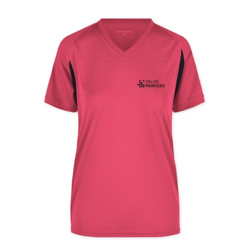T-shirt de sport rose en polyester pour femmes avec col en V.