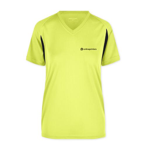 T-shirt de sport fonctionnel pour femmes en polyester jaune n�on avec col en V.