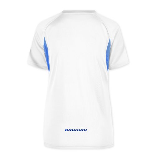 T-shirt de sport en polyester blanc/bleu pour femme, manches courtes.