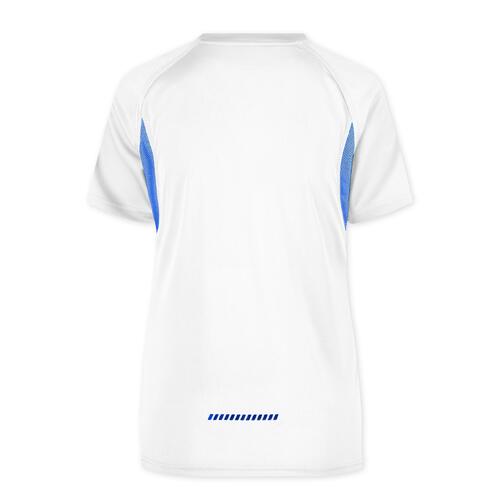 T-shirt de sport en polyester blanc/bleu pour femme, manches courtes.