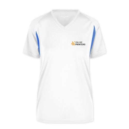 T-shirt fonctionnel pour femme en polyester blanc et bleu avec col en V.