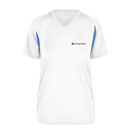 T-shirt fonctionnel pour femme en polyester blanc et bleu avec col en V.