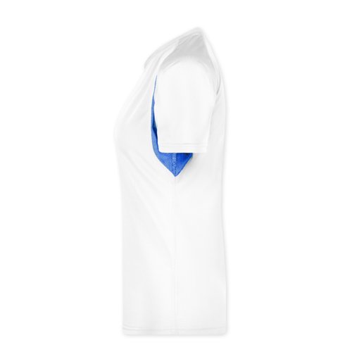 T-shirt fonctionnel blanc/bleu en polyester pour femme.