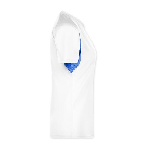 T-shirt fonctionnel � manches courtes pour femme, en polyester blanc/bleu.