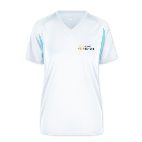 T-shirt fonctionnel blanc et bleu clair en polyester avec col en V pour femmes.
