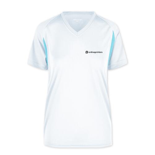 T-shirt fonctionnel blanc et bleu clair en polyester avec col en V pour femmes.