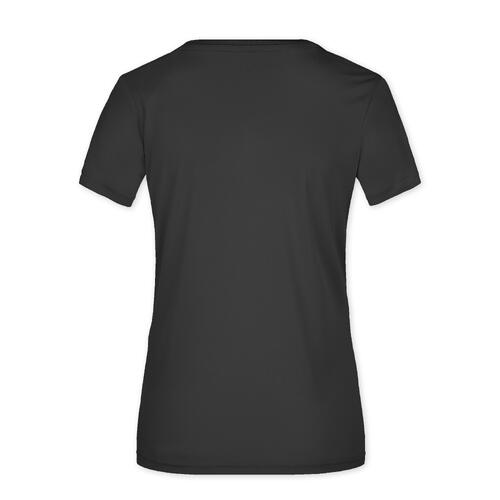 T-shirt noir en polyester pour femmes avec manches courtes.