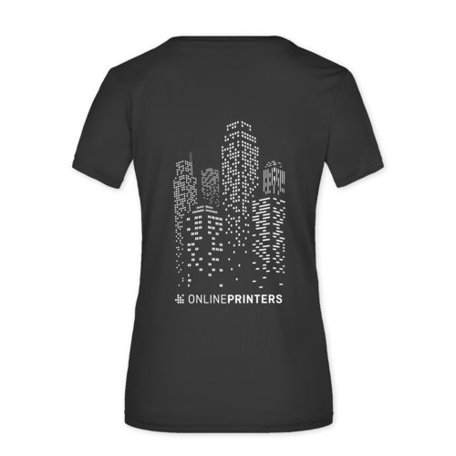 T-shirt noir en polyester pour femme avec manches courtes.