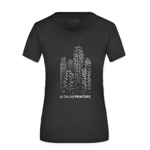 T-shirt noir en polyester pour femmes avec manches courtes.