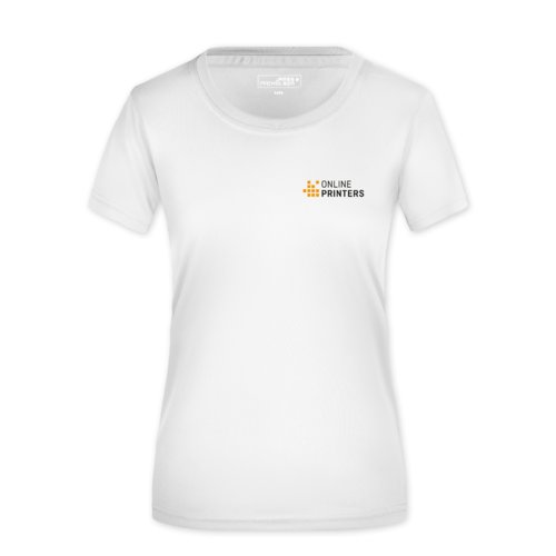 T-shirt blanc en polyester pour femmes avec manches courtes.