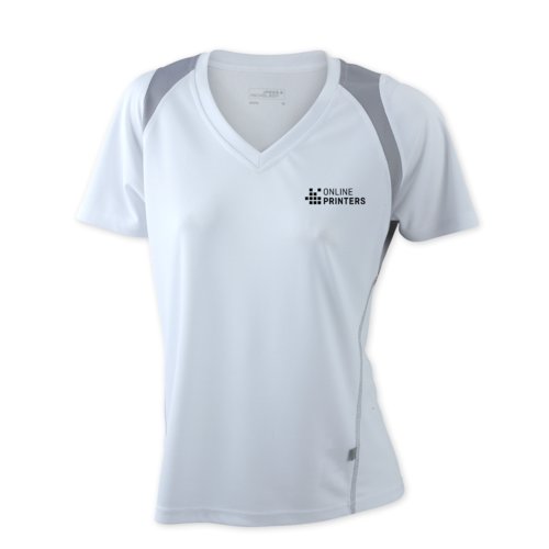T-shirt de course blanc pour femme en polyester avec col en V.