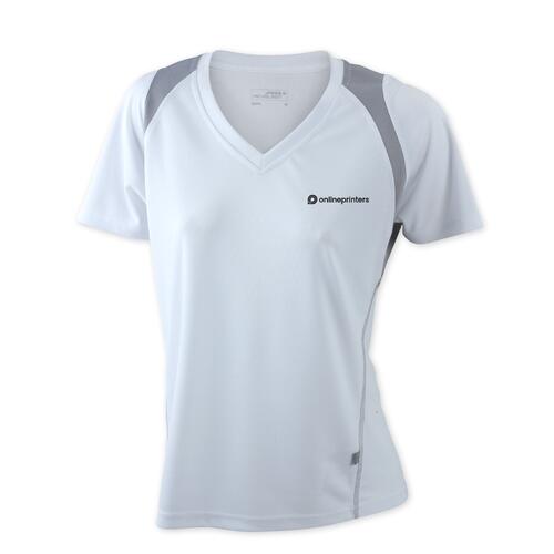 T-shirt de course blanc pour femme en polyester avec col en V.
