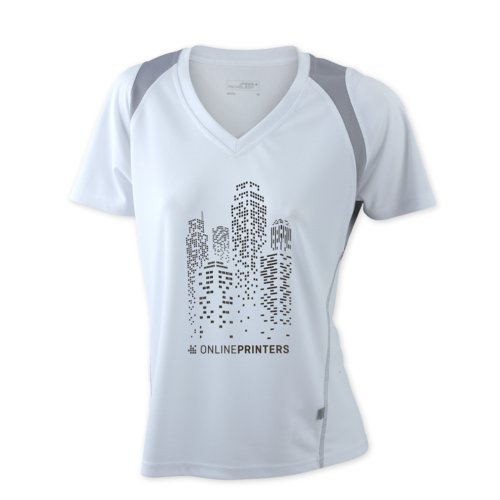 T-shirt de course en polyester blanc pour femmes avec col en V et manches courtes.