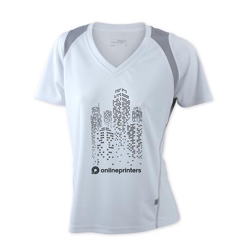 T-shirt de course en polyester blanc pour femmes avec col en V et manches courtes.