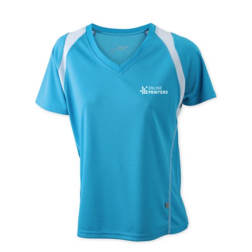 T-shirt de sport bleu clair en polyester pour femmes avec col en V.