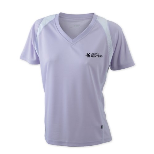 T-shirt de course violet pour femme en polyester avec col en V et manches courtes.