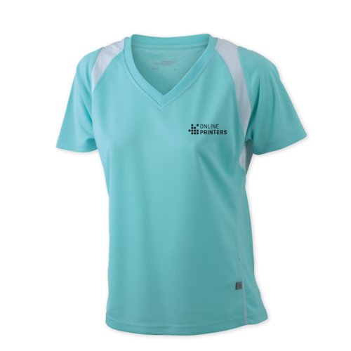 T-shirt de course en polyester vert menthe pour femmes avec col en V.