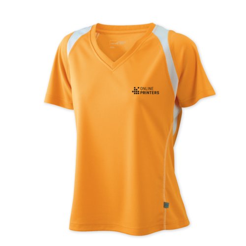 T-shirt de course orange pour femmes en polyester avec col en V.