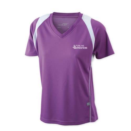 T-shirt de course violet pour femmes en polyester avec manches courtes.