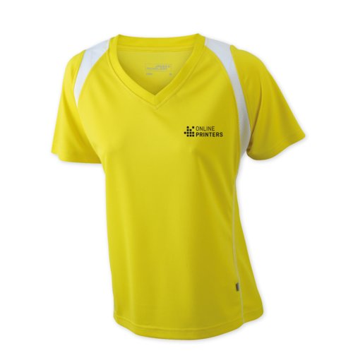 T-shirt de course jaune pour femmes en polyester avec col en V et manches courtes.