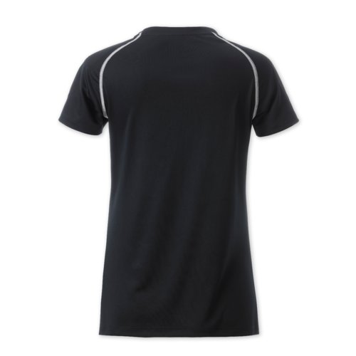 T-shirt en polyester noir et blanc pour femmes avec manches courtes.