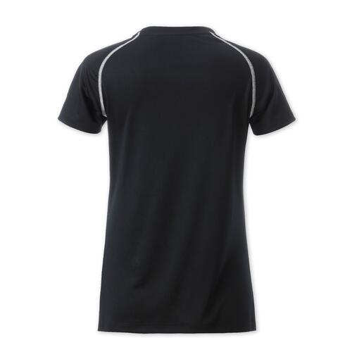 T-shirt en polyester noir et blanc pour femmes avec manches courtes.