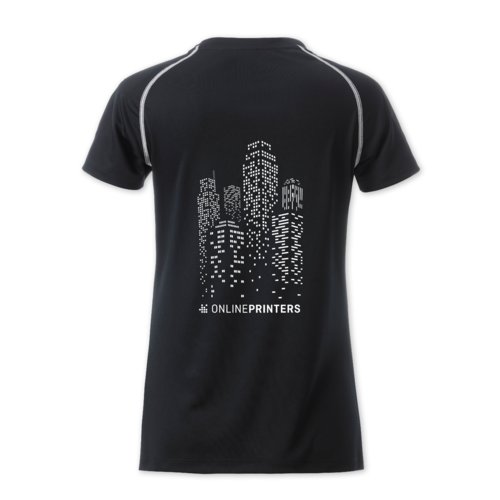 T-shirt de sport pour femmes en polyester noir et blanc.