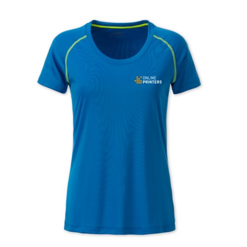 T-shirt bleu pour femme en polyester avec manches courtes.