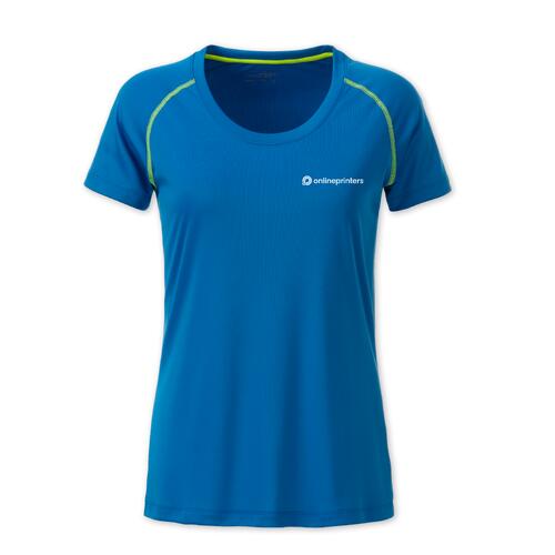 T-shirt bleu pour femme en polyester avec manches courtes.