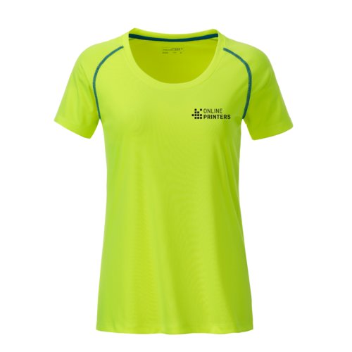 T-shirt de sport pour femmes en polyester jaune non/bleu avec manches courtes.