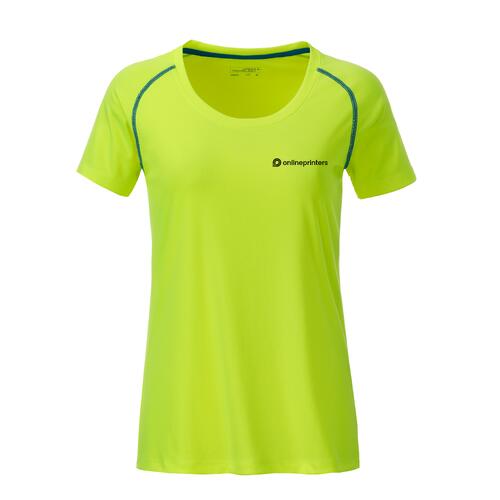 T-shirt de sport pour femmes en polyester jaune n�on/bleu avec manches courtes.