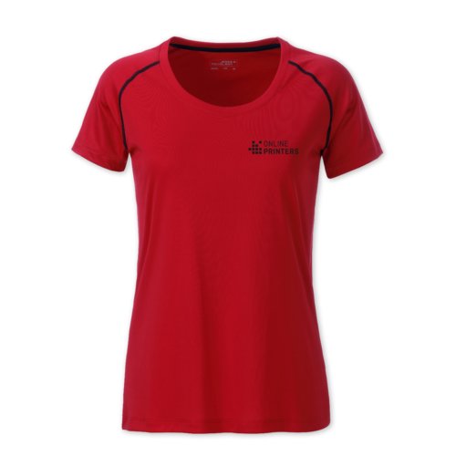 T-shirt rouge en polyester pour femmes avec manches courtes.