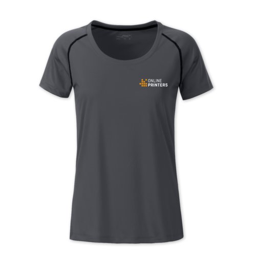 T-shirt de sport en polyester gris fonc pour femmes avec manches courtes.