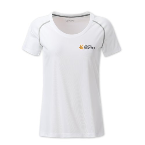T-shirt blanc en polyester pour femmes avec manches courtes.