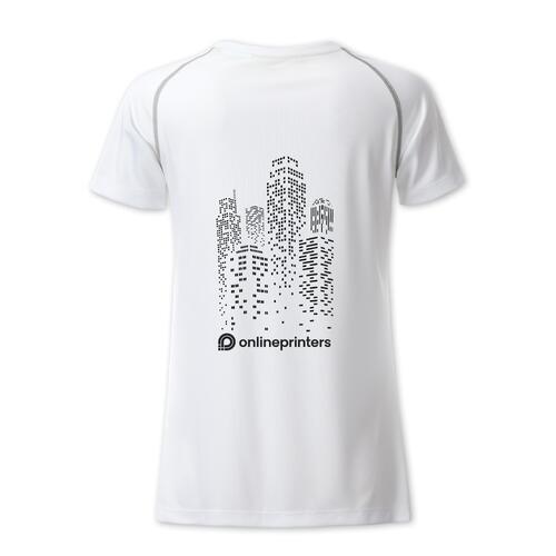 T-shirt blanc en polyester pour femme avec manches courtes.