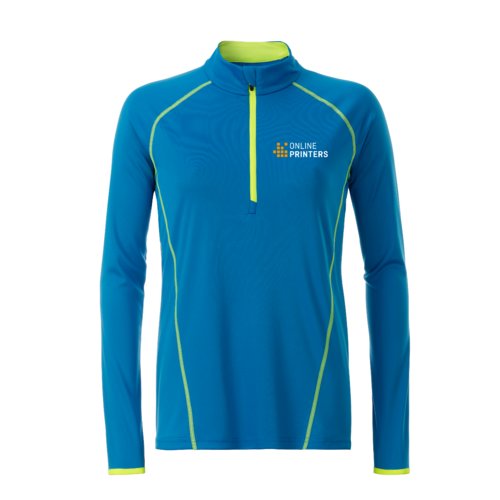 T-shirt  manches longues bleu et jaune non en polyester avec fermeture clair courte.