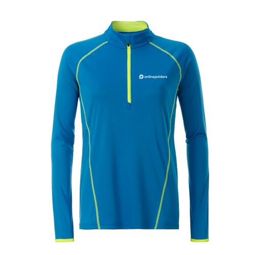 T-shirt � manches longues bleu et jaune n�on en polyester avec fermeture �clair courte.