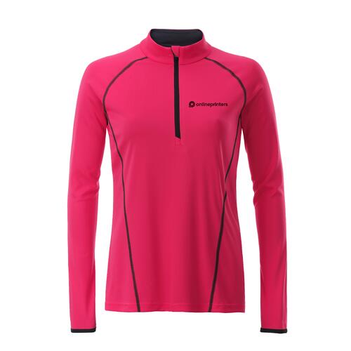 T-shirt rose � manches longues en polyester avec fermeture �clair pour femme.