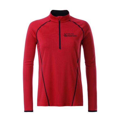 T-shirt rouge  manches longues en polyester avec fermeture clair courte pour femmes.