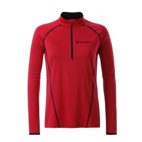 T-shirt rouge � manches longues en polyester avec fermeture �clair courte pour femmes.