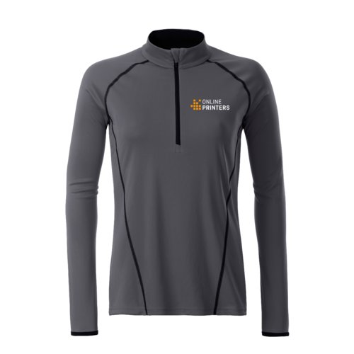 T-shirt  manches longues en polyester gris fonc avec fermeture clair courte.