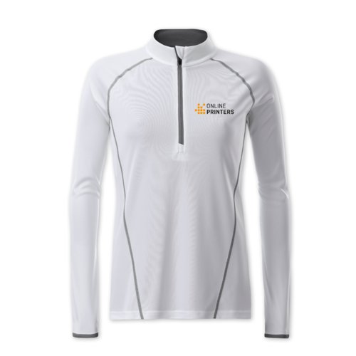 T-shirt blanc  manches longues en polyester avec fermeture clair pour femmes.