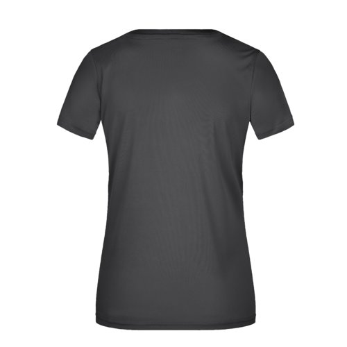 T-shirt noir en polyester avec col en V et manches courtes.
