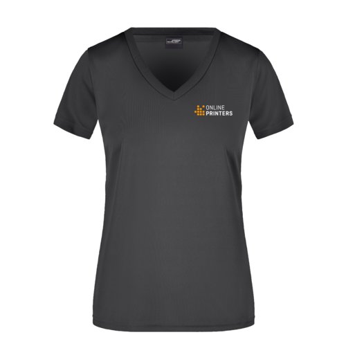 T-shirt noir  col en V pour femmes en polyester.